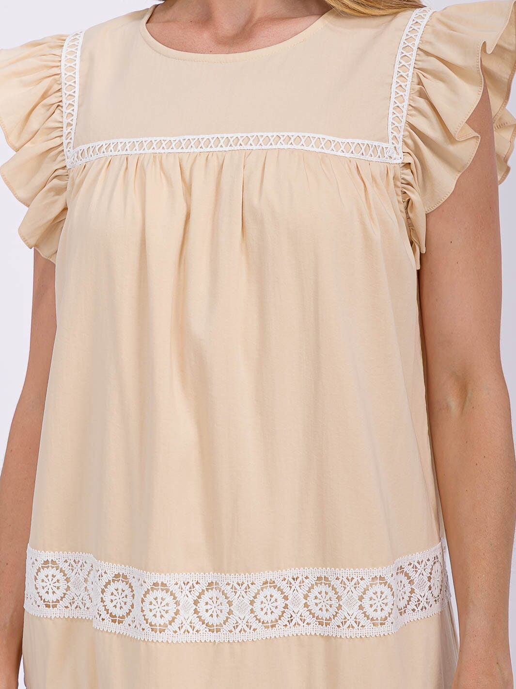 WOMEN'S RUFFLE SLEEVE TRIM DETAILED TIERED TUNIC MINI DRESS