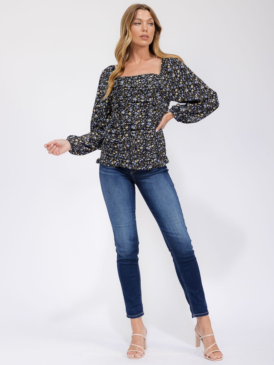 WOMEN'S LONG PUFF SLEEVE SMOCK RUCHING FRONT FLORAL BLOUSE