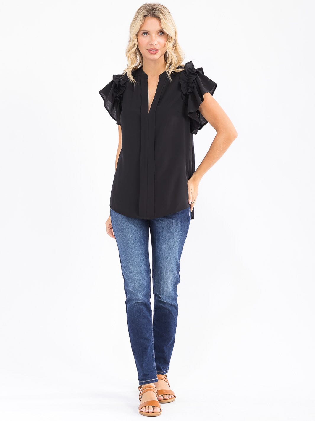 WOMEN'S SHORT RUFFLE SLEEVE V-NECK LOOSE FIT BLOUSE
