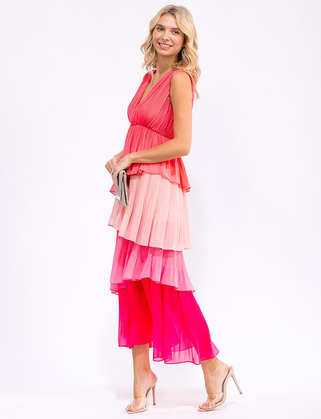 WOMEN'S SLEEVELESS V-NECK RUFFLE TIERED COLORBLOCK MAXI DRESS
