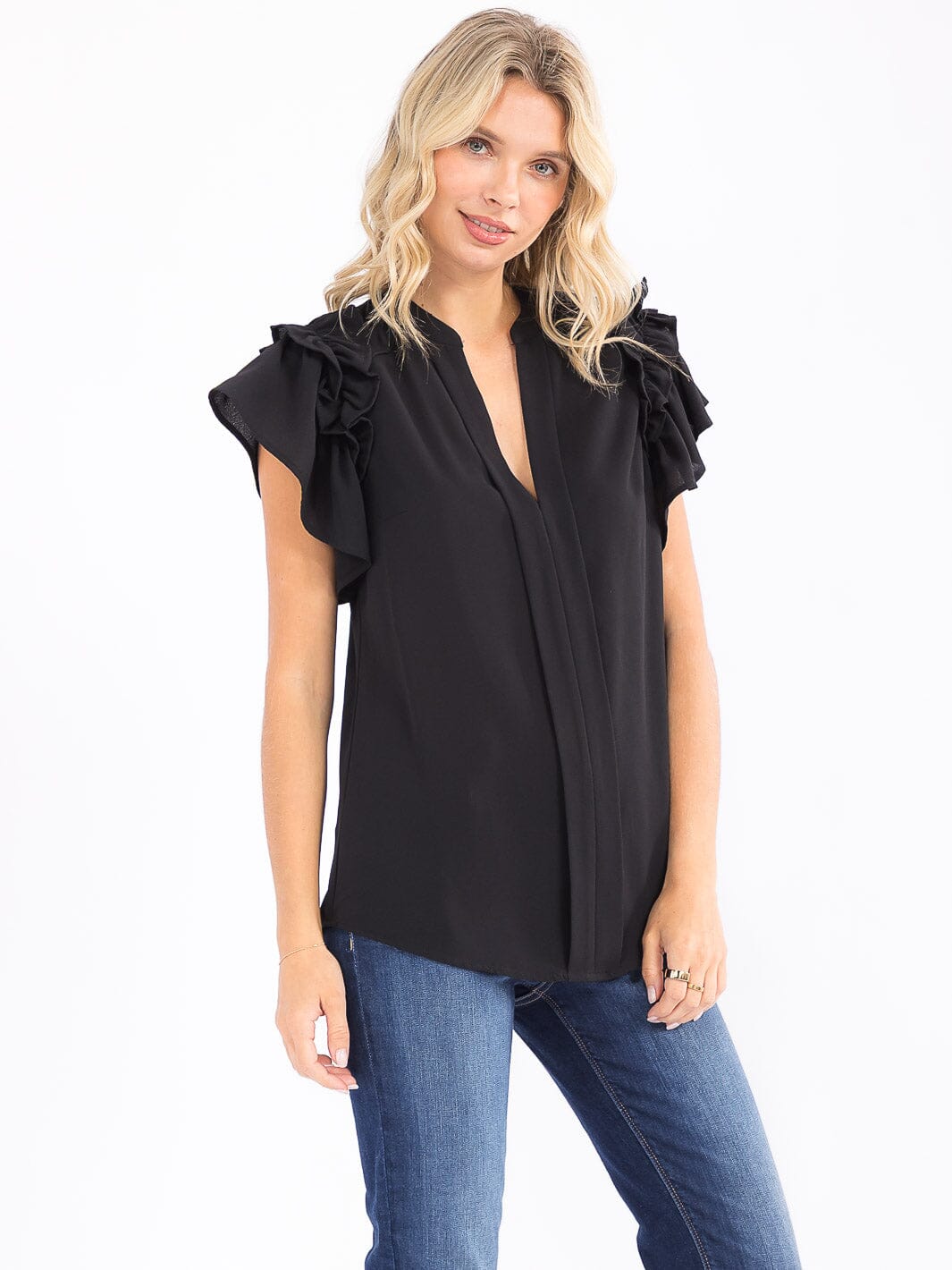 WOMEN'S SHORT RUFFLE SLEEVE V-NECK LOOSE FIT BLOUSE