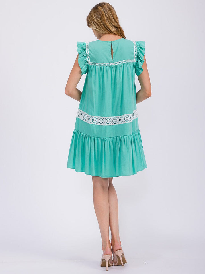 WOMEN'S RUFFLE SLEEVE TRIM DETAILED TIERED TUNIC MINI DRESS