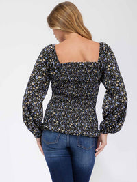 WOMEN'S LONG PUFF SLEEVE SMOCK RUCHING FRONT FLORAL BLOUSE