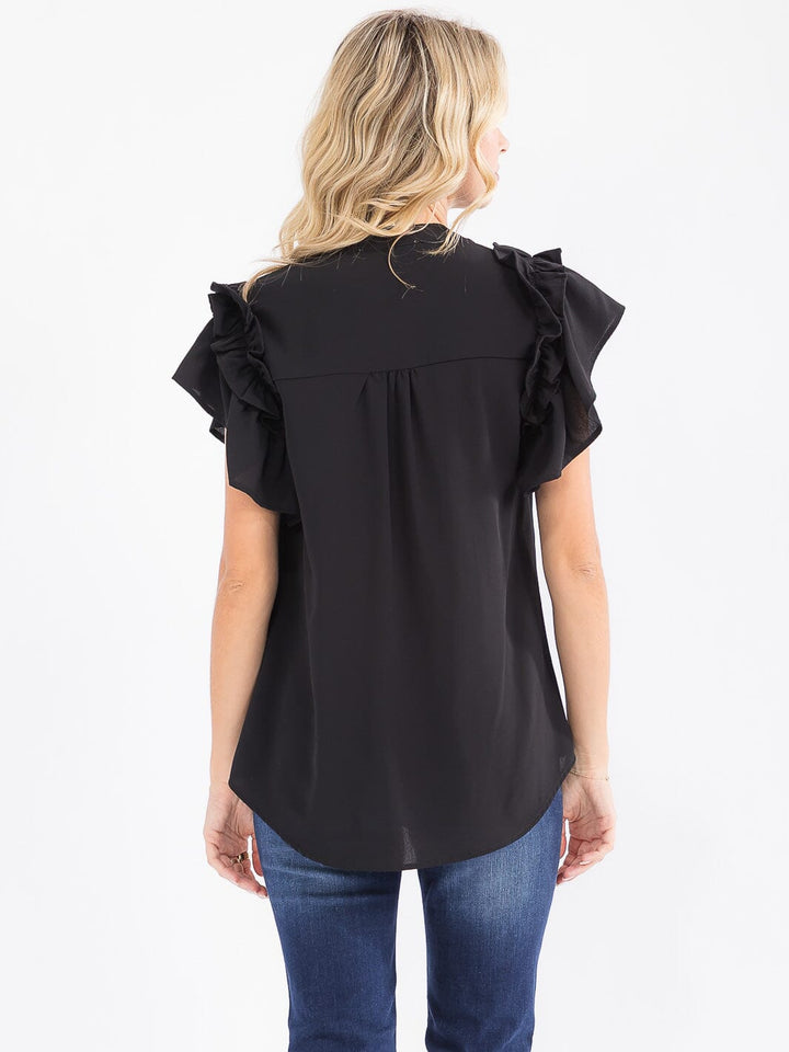 WOMEN'S SHORT RUFFLE SLEEVE V-NECK LOOSE FIT BLOUSE