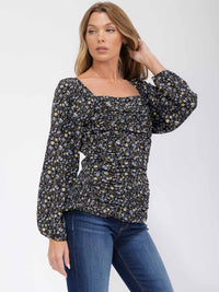 WOMEN'S LONG PUFF SLEEVE SMOCK RUCHING FRONT FLORAL BLOUSE