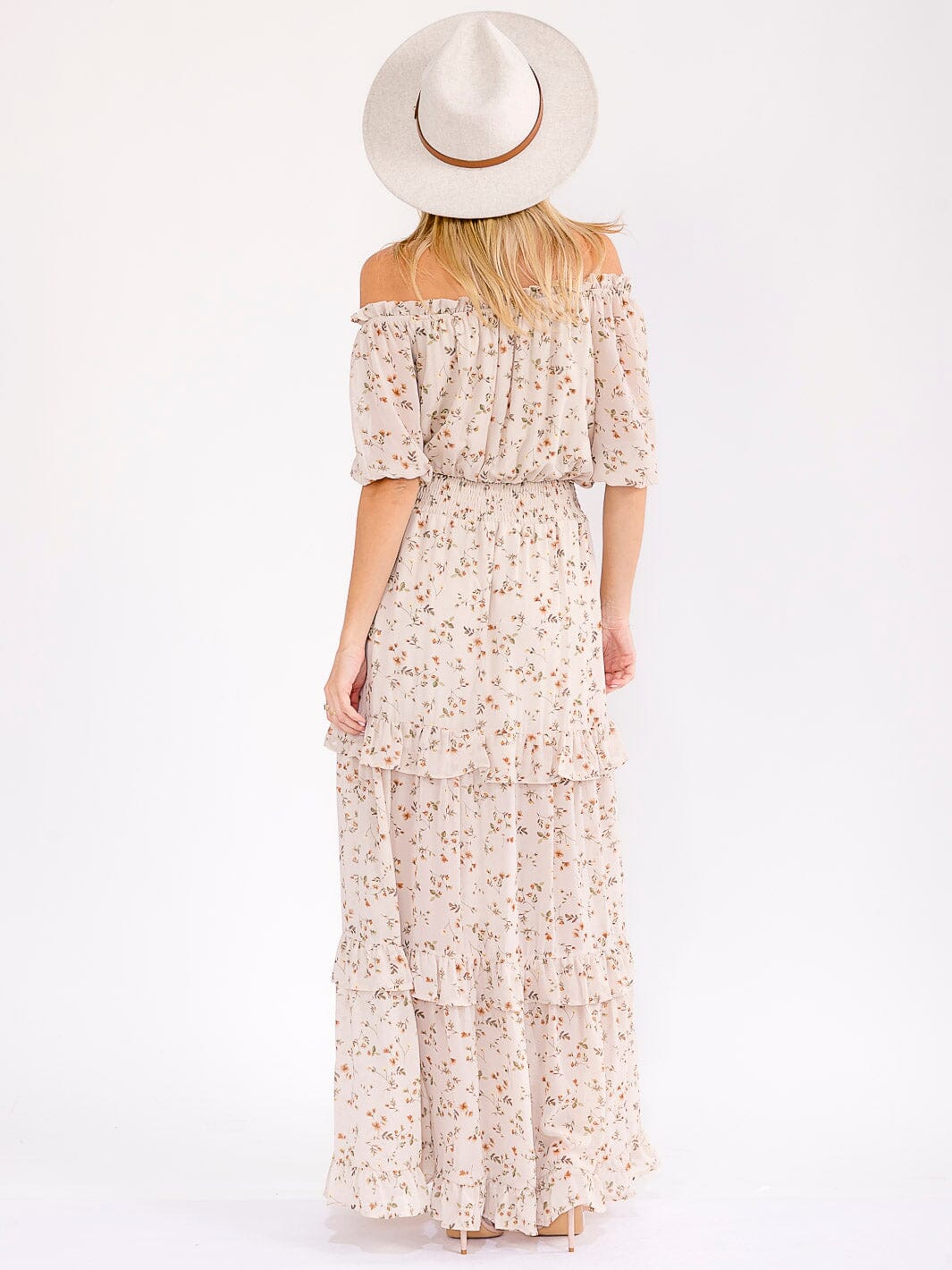 WOMEN'S SHORT SLEEVE SMOCK WAIST FLORAL TIERED MAXI DRESS