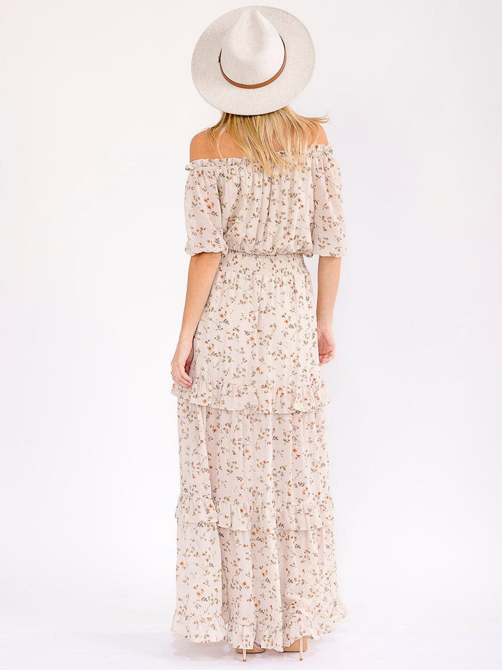 WOMEN'S SHORT SLEEVE SMOCK WAIST FLORAL TIERED MAXI DRESS