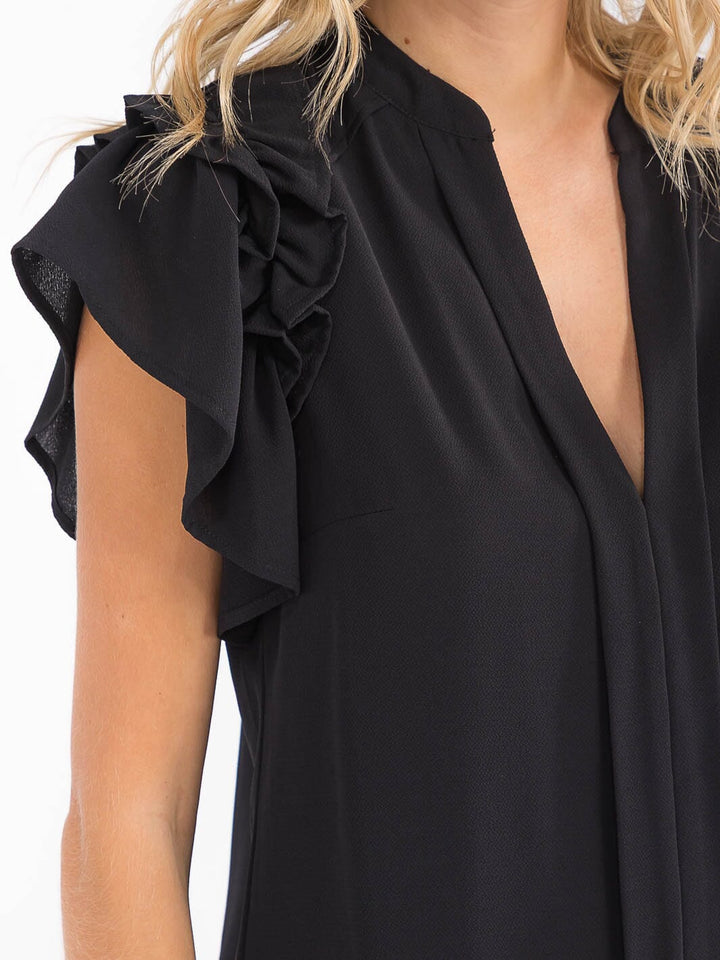 WOMEN'S SHORT RUFFLE SLEEVE V-NECK LOOSE FIT BLOUSE