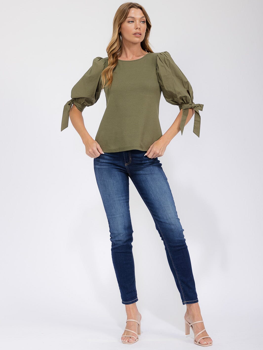 WOMEN'S SHORT PUFF SLEEVE CONTRAST BLOUSE