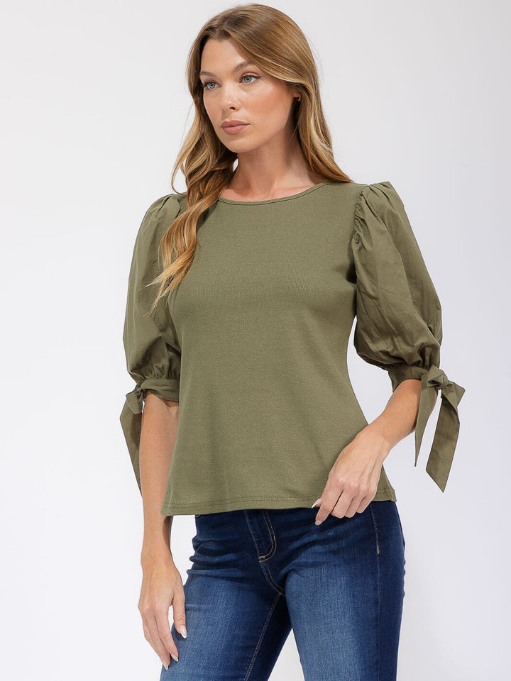 WOMEN'S SHORT PUFF SLEEVE CONTRAST BLOUSE