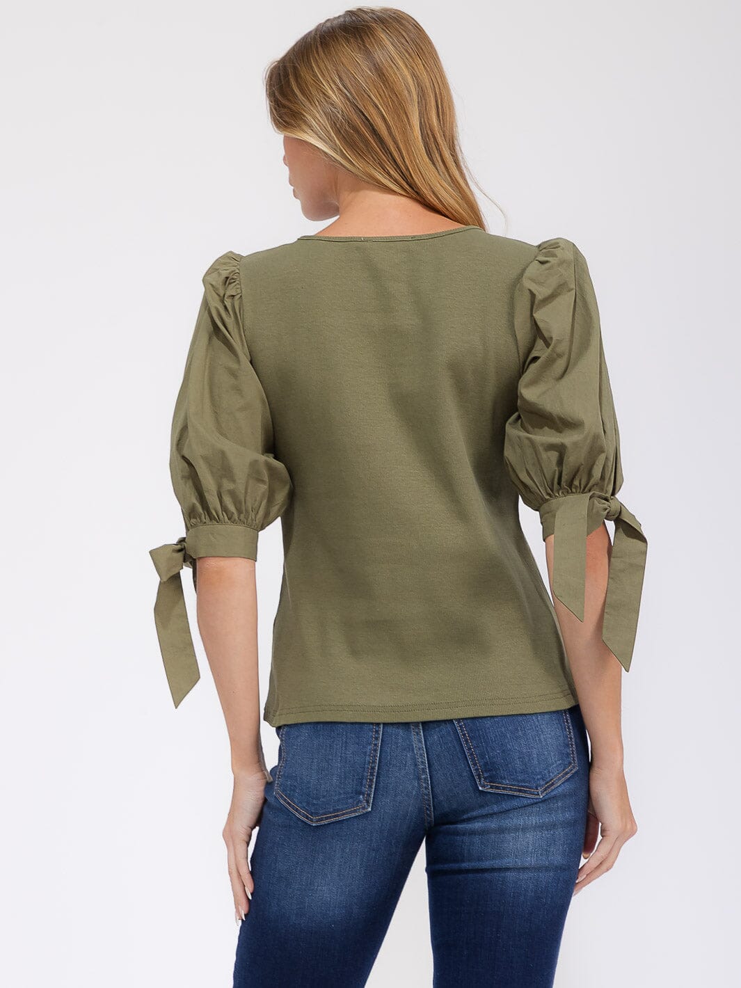 WOMEN'S SHORT PUFF SLEEVE CONTRAST BLOUSE
