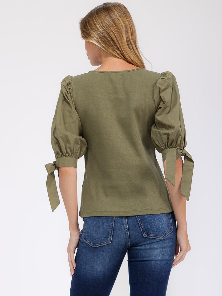 WOMEN'S SHORT PUFF SLEEVE CONTRAST BLOUSE