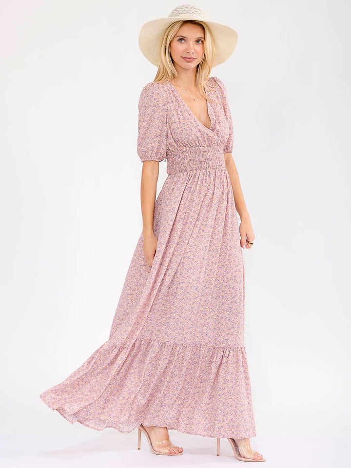 WOMEN'S SHORT SLEEVE SURPLICE SMOCK WAIST FLORAL TIERED OPEN BACK MAXI DRESS