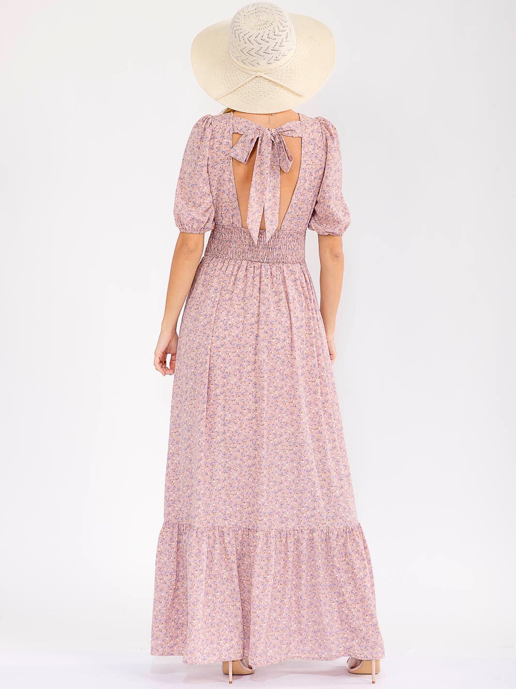 WOMEN'S SHORT SLEEVE SURPLICE SMOCK WAIST FLORAL TIERED OPEN BACK MAXI DRESS