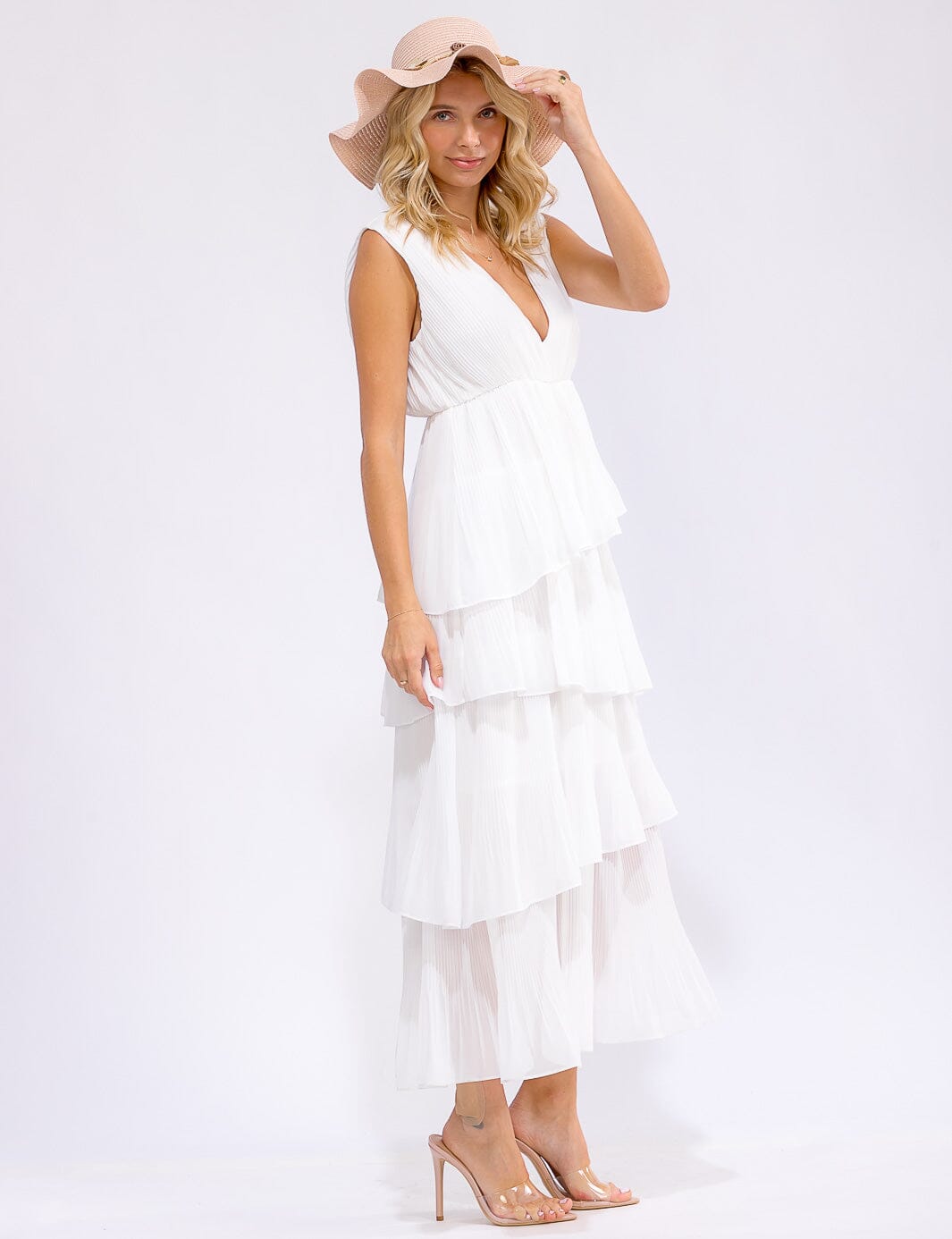 WOMEN'S SLEEVELESS V-NECK RUFFLE TIERED MAXI DRESS