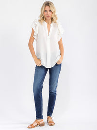WOMEN'S SHORT RUFFLE SLEEVE V-NECK LOOSE FIT BLOUSE