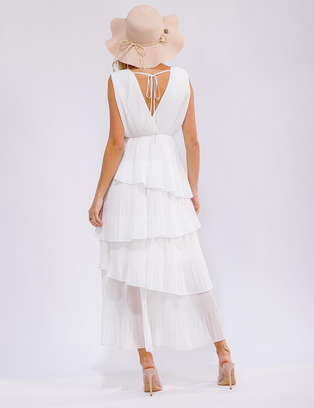 WOMEN'S SLEEVELESS V-NECK RUFFLE TIERED MAXI DRESS
