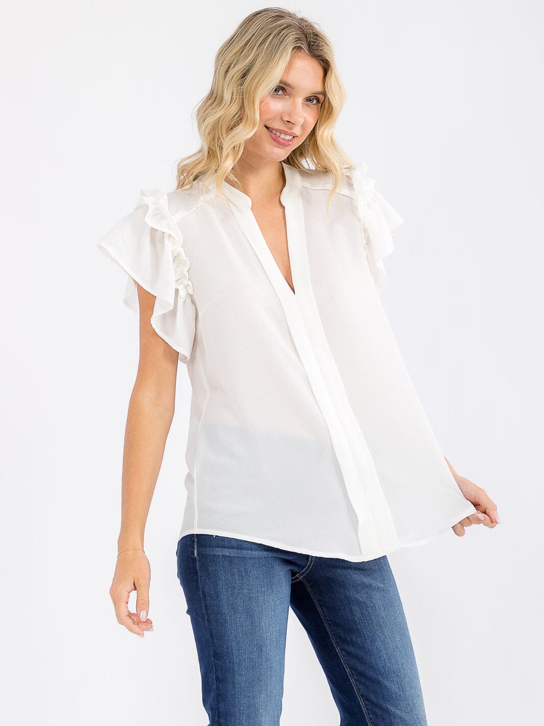 WOMEN'S SHORT RUFFLE SLEEVE V-NECK LOOSE FIT BLOUSE