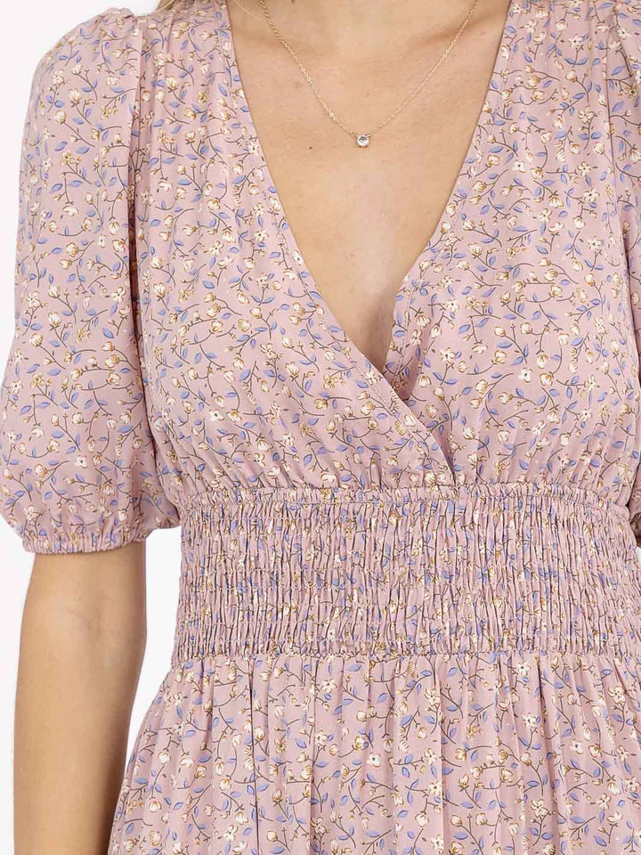 WOMEN'S SHORT SLEEVE SURPLICE SMOCK WAIST FLORAL TIERED OPEN BACK MAXI DRESS