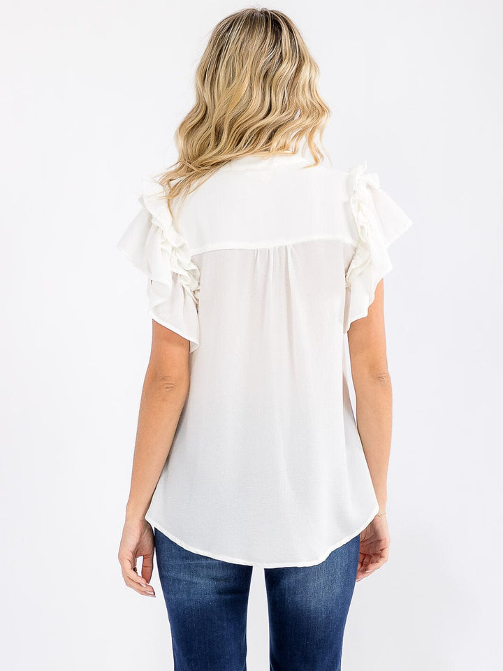 WOMEN'S SHORT RUFFLE SLEEVE V-NECK LOOSE FIT BLOUSE