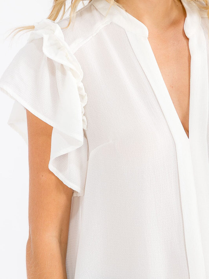 WOMEN'S SHORT RUFFLE SLEEVE V-NECK LOOSE FIT BLOUSE