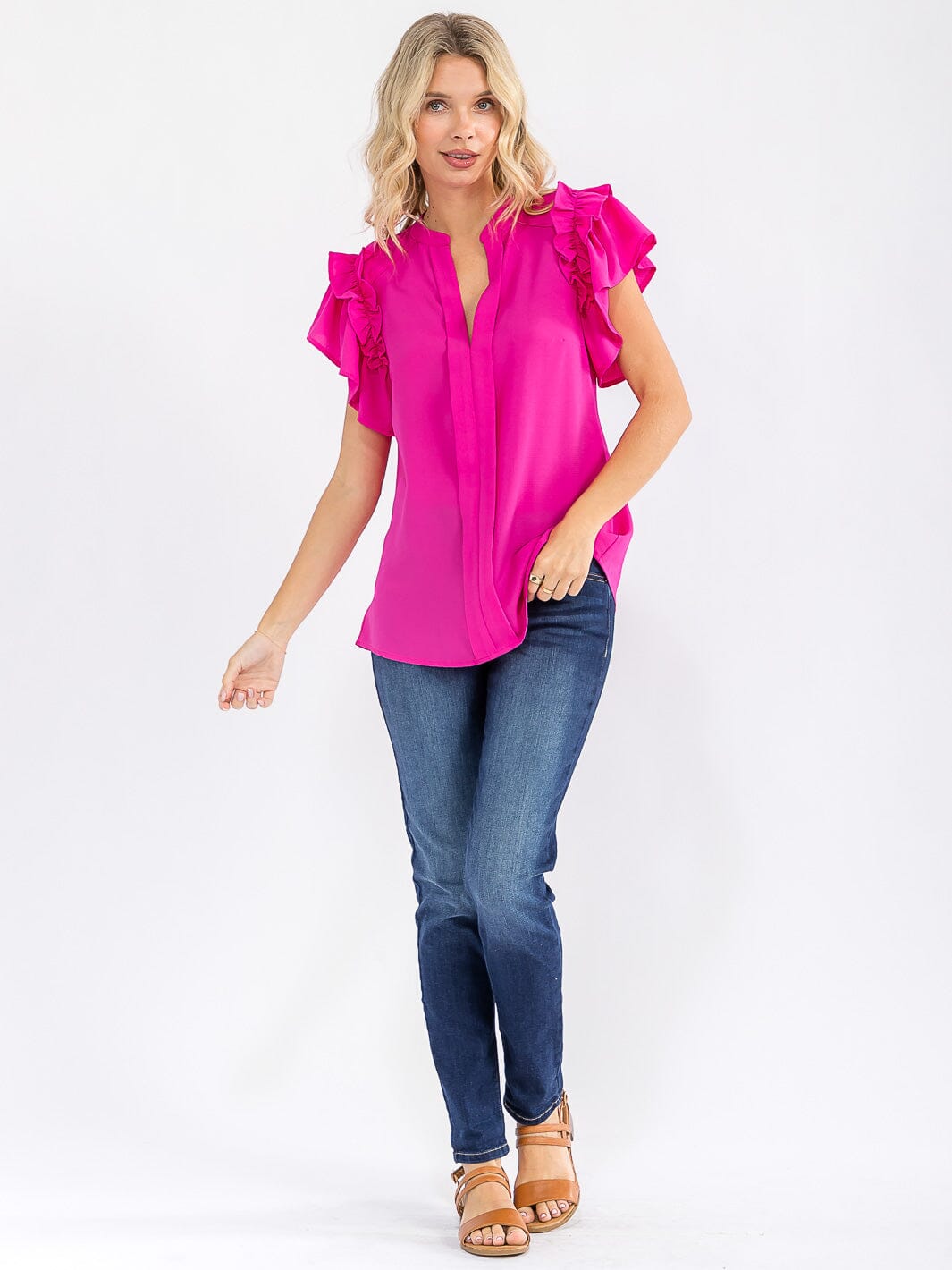 WOMEN'S SHORT RUFFLE SLEEVE V-NECK LOOSE FIT BLOUSE
