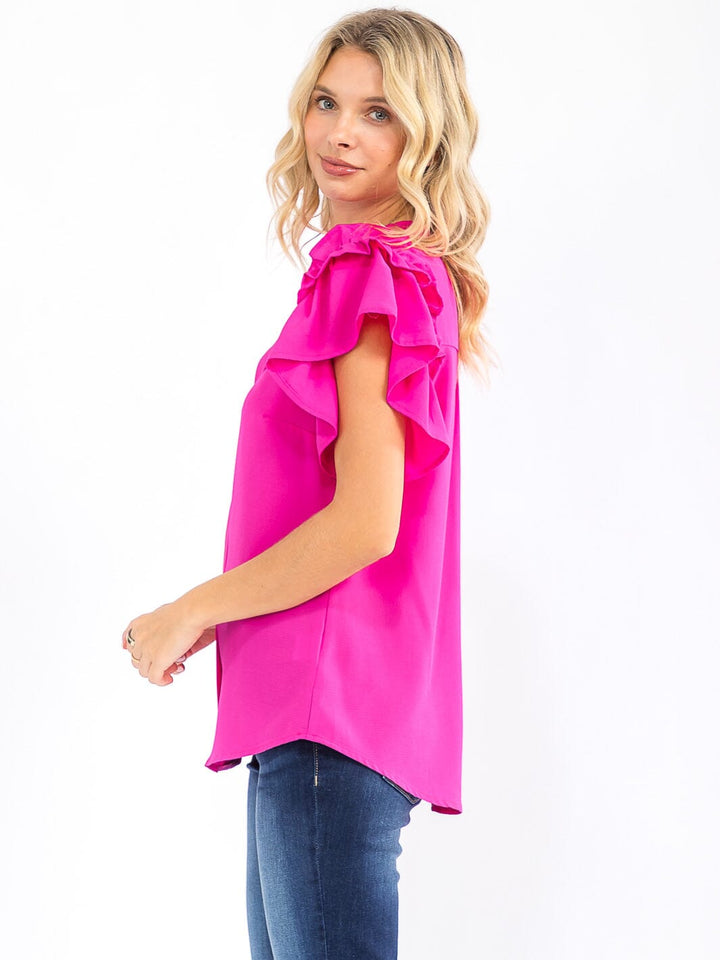 WOMEN'S SHORT RUFFLE SLEEVE V-NECK LOOSE FIT BLOUSE