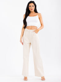 WOMEN'S BUTTON CLOSURE CARGO POCKETS WIDE LEG DISTRESS DENIM PANTS