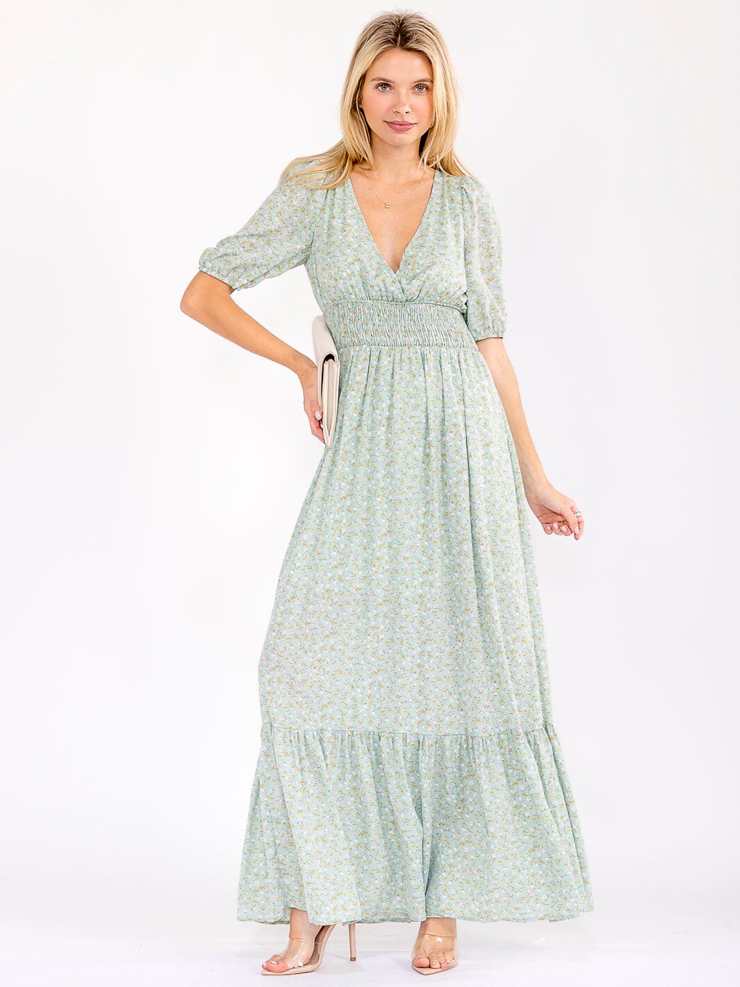 WOMEN'S SHORT SLEEVE SURPLICE SMOCK WAIST FLORAL TIERED OPEN BACK MAXI DRESS