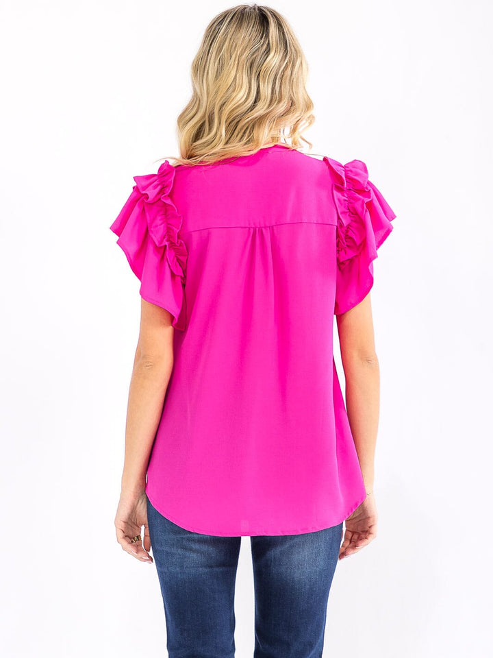 WOMEN'S SHORT RUFFLE SLEEVE V-NECK LOOSE FIT BLOUSE