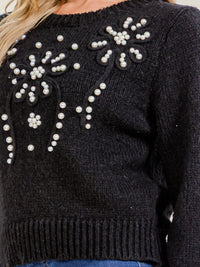 WOMEN'S LONG SLEEVE PEARL DETAILED PULLOVER SWEATER