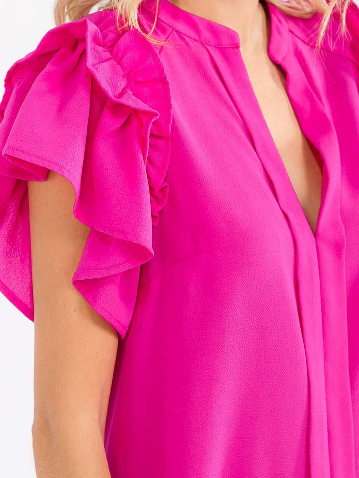 WOMEN'S SHORT RUFFLE SLEEVE V-NECK LOOSE FIT BLOUSE