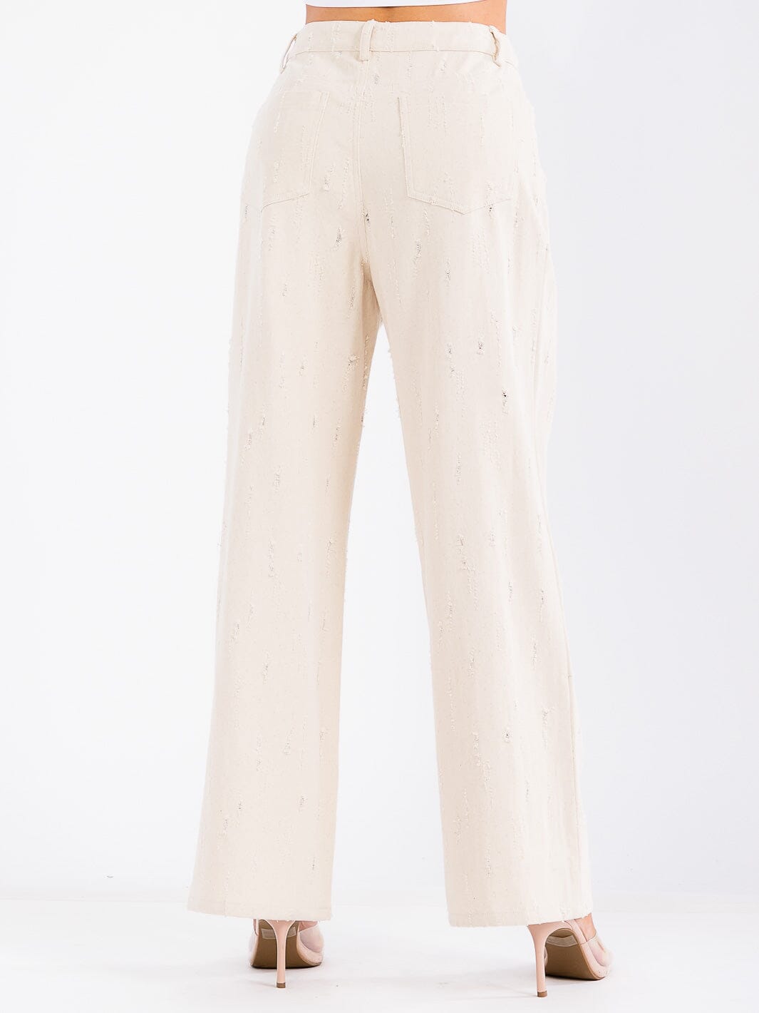 WOMEN'S BUTTON CLOSURE CARGO POCKETS WIDE LEG DISTRESS DENIM PANTS