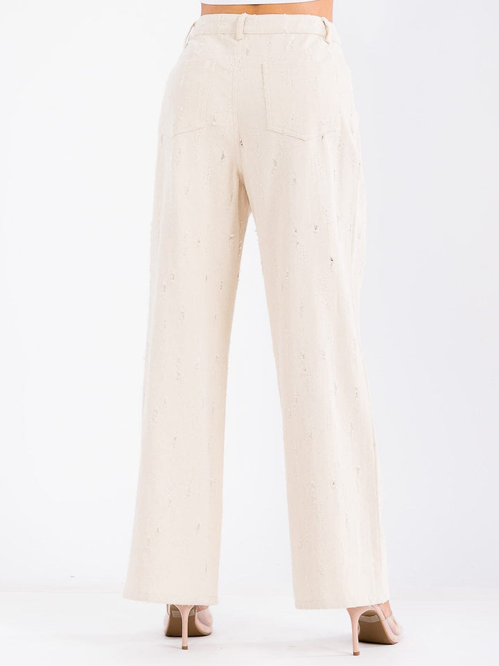 WOMEN'S BUTTON CLOSURE CARGO POCKETS WIDE LEG DISTRESS DENIM PANTS