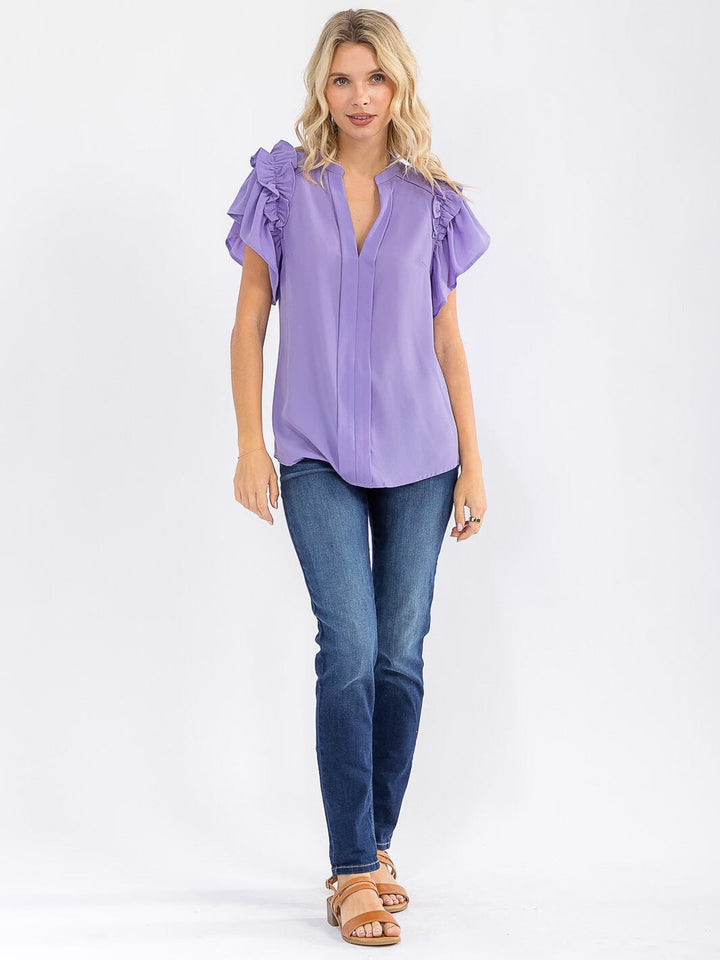 WOMEN'S SHORT RUFFLE SLEEVE V-NECK LOOSE FIT BLOUSE