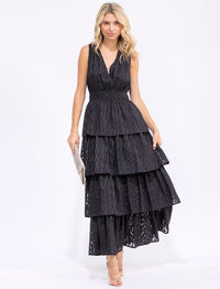 WOMEN'S SLEEVELESS SURPLICE ELASTIC WAIST RUFFLE TIERED MAXI DRESS
