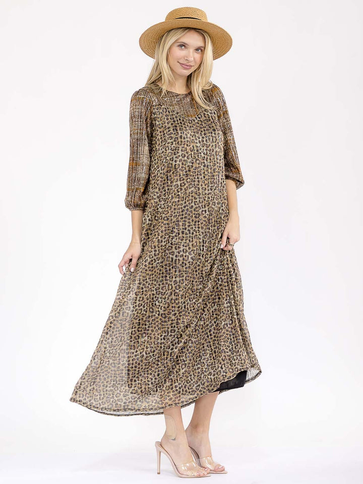 WOMEN'S 3/4 SLEEVE FRONT POCKETS SEQUINS ANIMAL PRINT MAXI DRESS