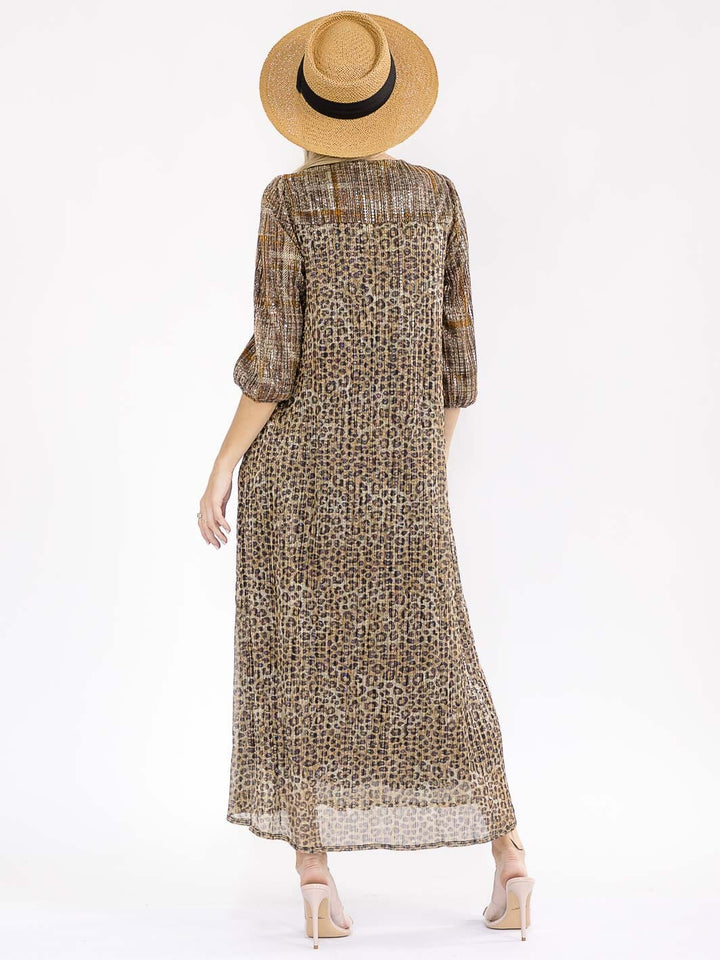 WOMEN'S 3/4 SLEEVE FRONT POCKETS SEQUINS ANIMAL PRINT MAXI DRESS