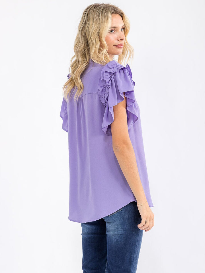 WOMEN'S SHORT RUFFLE SLEEVE V-NECK LOOSE FIT BLOUSE