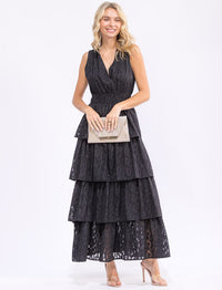 WOMEN'S SLEEVELESS SURPLICE ELASTIC WAIST RUFFLE TIERED MAXI DRESS