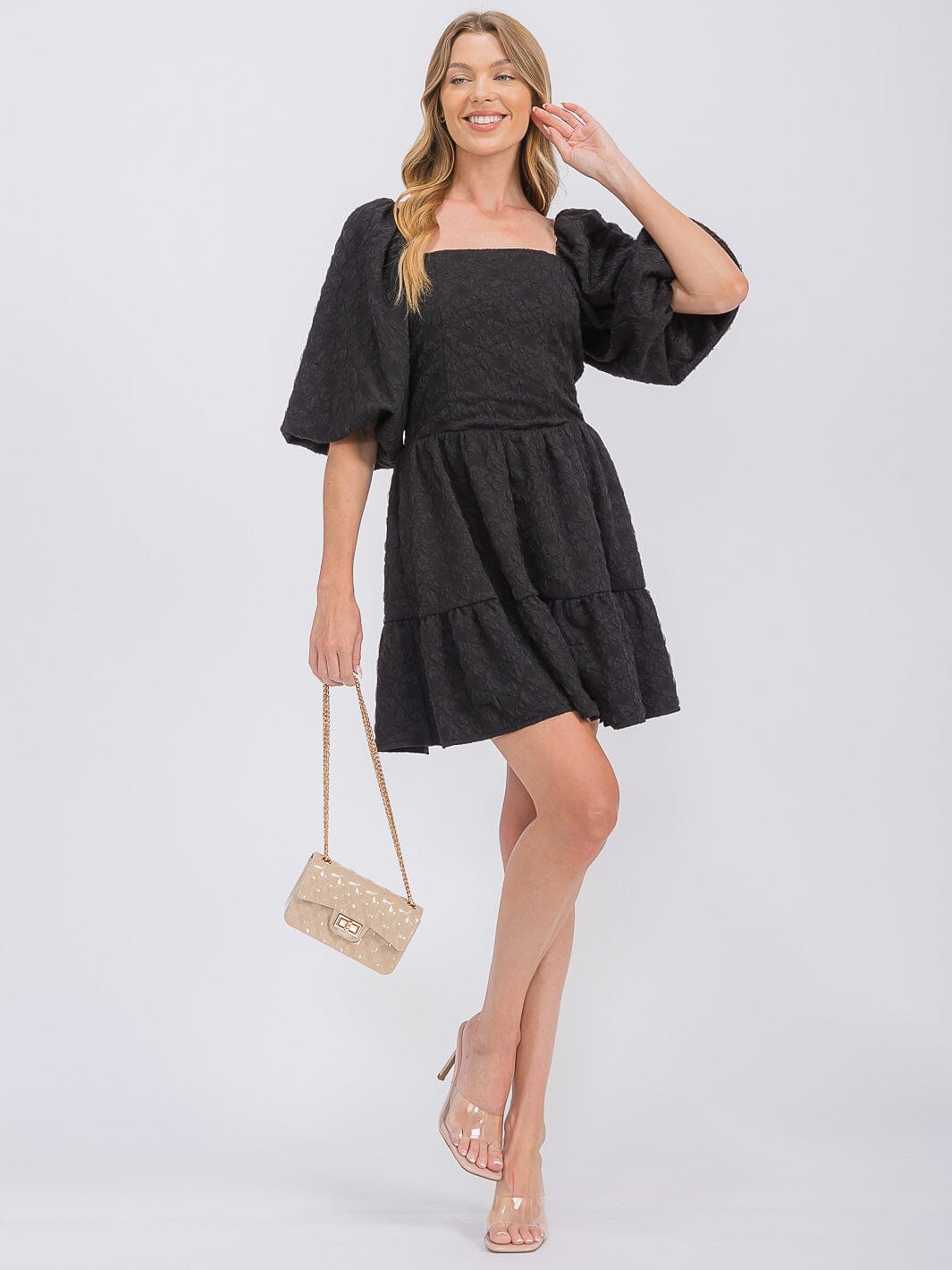 WOMEN'S SHORT PUFF SLEEVE SQUARE NECK SMOCK DETAILED TIERED MINI DRESS