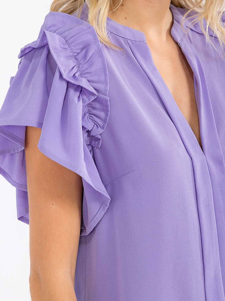 WOMEN'S SHORT RUFFLE SLEEVE V-NECK LOOSE FIT BLOUSE