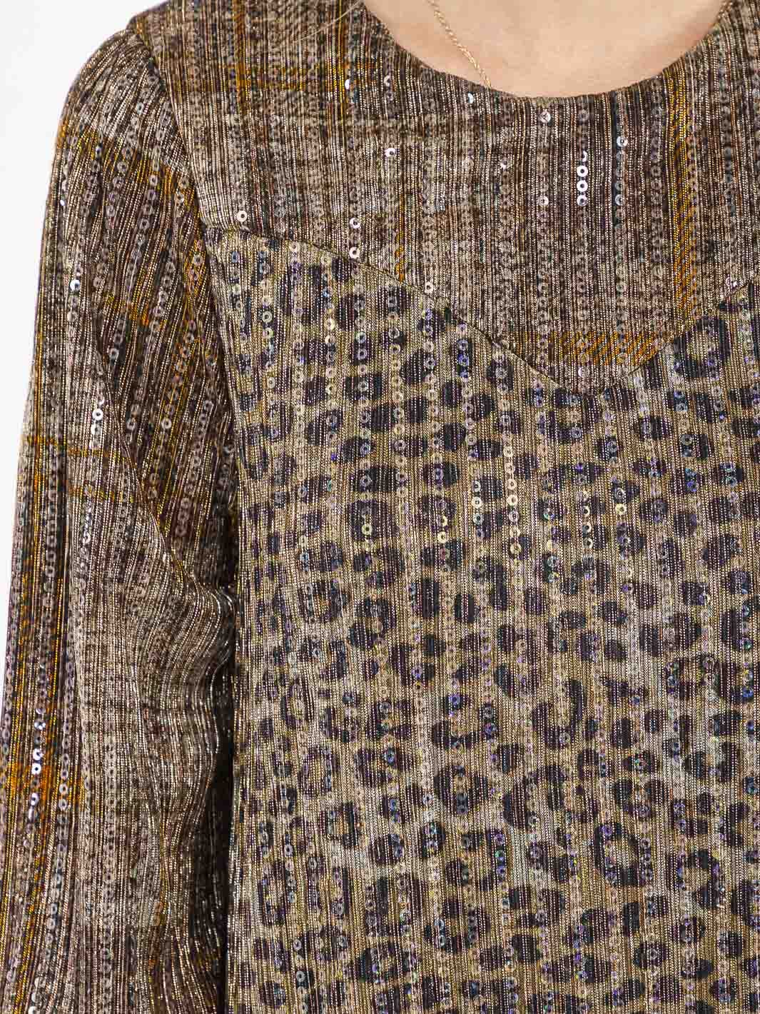 WOMEN'S 3/4 SLEEVE FRONT POCKETS SEQUINS ANIMAL PRINT MAXI DRESS