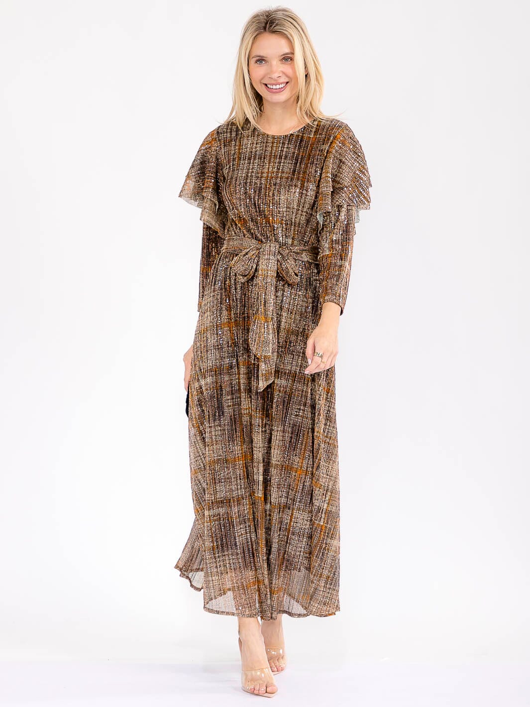 WOMEN'S 3/4 RUFFLE SLEEVE SELF TIE SEQUINS PRINT MAXI DRESS