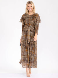 WOMEN'S 3/4 RUFFLE SLEEVE SELF TIE SEQUINS PRINT MAXI DRESS