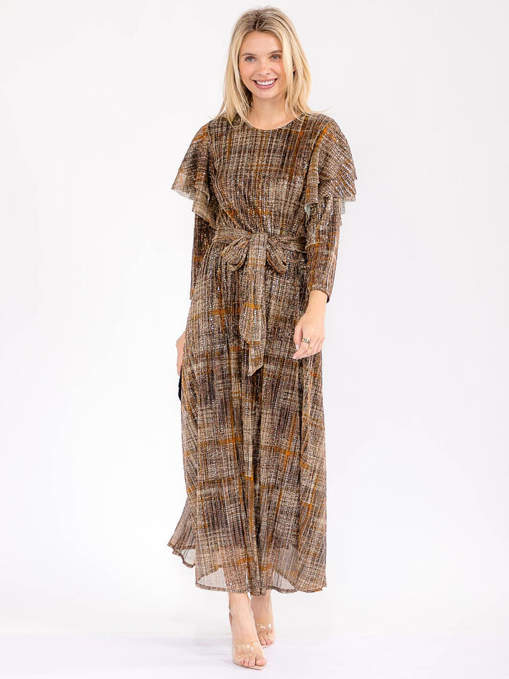 WOMEN'S 3/4 RUFFLE SLEEVE SELF TIE SEQUINS PRINT MAXI DRESS