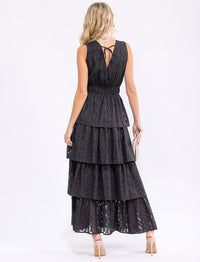 WOMEN'S SLEEVELESS SURPLICE ELASTIC WAIST RUFFLE TIERED MAXI DRESS