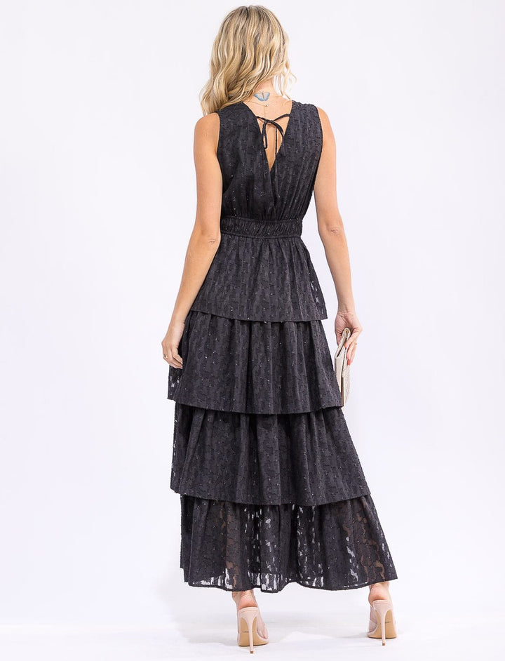 WOMEN'S SLEEVELESS SURPLICE ELASTIC WAIST RUFFLE TIERED MAXI DRESS