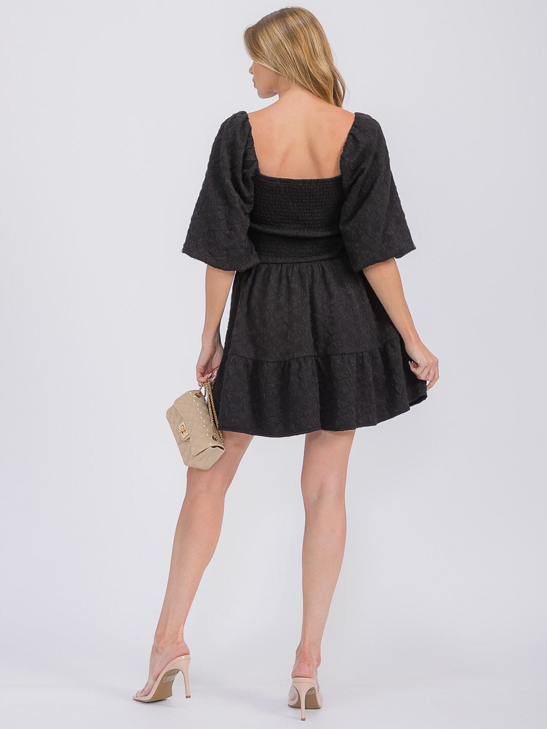 WOMEN'S SHORT PUFF SLEEVE SQUARE NECK SMOCK DETAILED TIERED MINI DRESS