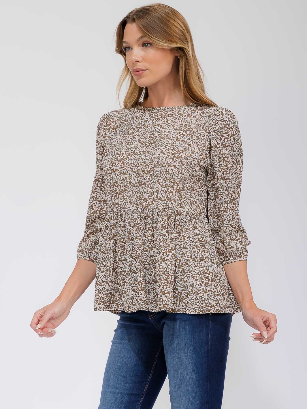 WOMEN'S 3/4 SLEEVE FLOWER PEPLUM BLOUSE